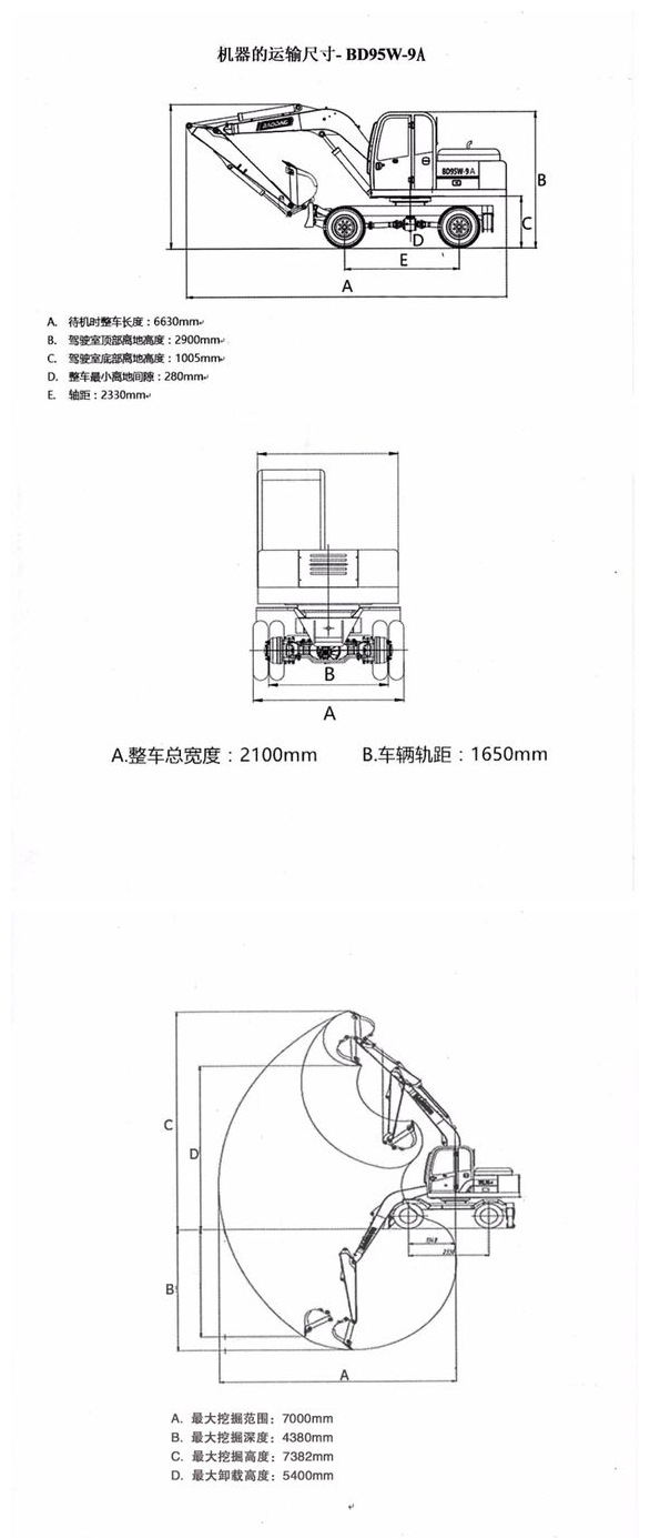輪式95挖掘機工作參數圖
